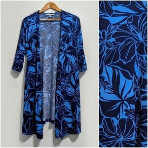 Ari South Hawaii blue hibiscus cover up cardigan duster top kaftan Open XS